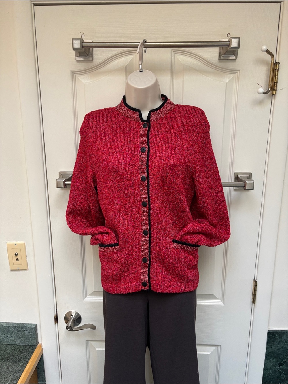 Vintage South Cotton Hand Loomed red knit cardigan with black trim and pockets